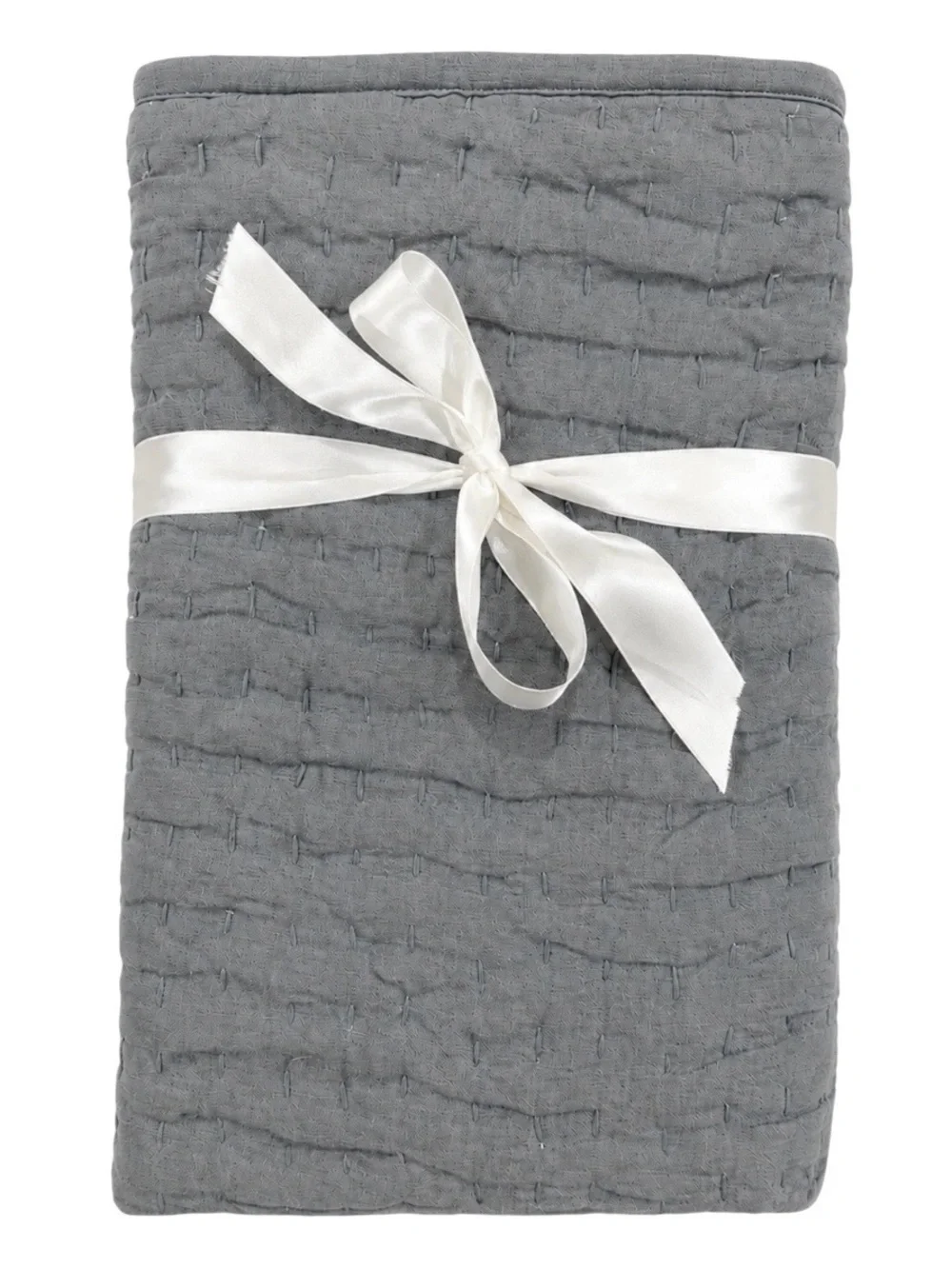 Pottery Barn Gray Quilted Cotton Throw with Satin Ribbon